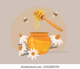 Fresh Natural Honey with Bees and Chamomile.Honey Dipper and Jar with Chamomile Decor. Farm Fresh Honey Jar and Bees