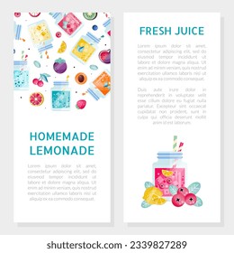 Fresh Natural Lemonade Design with Refreshing Drink in Glass Jar with Straw Vector Template
