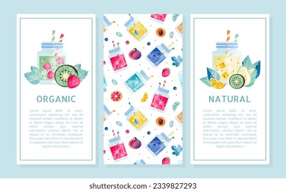 Fresh Natural Lemonade Design with Refreshing Drink in Glass Jar with Straw Vector Template