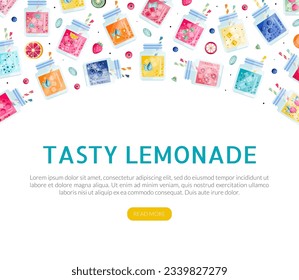 Fresh Natural Lemonade Landing Page Design with Refreshing Drink in Glass Jar with Straw Vector Template