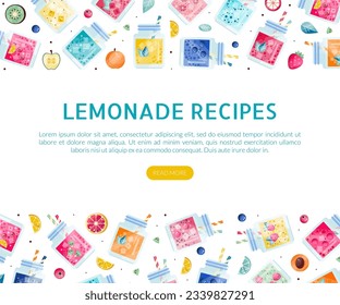 Fresh Natural Lemonade Landing Page Design with Refreshing Drink in Glass Jar with Straw Vector Template