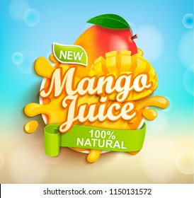 Fresh and natural Mango juice with mango slices in juice splash. Perfect for retail marketing promotion and advertising. Vector illustration.