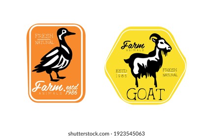 Fresh Natural Meat Logo Design Templates, Farm Animals Retro Labels, Meat Products, Farm Market, Butchery Shop Badges Cartoon Style Vector Illustration