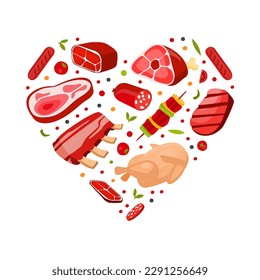 Fresh Natural Meat Product from Butchery Arranged in Heart Vector Template