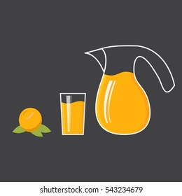 Fresh natural orange juice. A glass and the Jug with freshly squeezed fruit juice. Citrus Organic fresh fruit.In flat style vector.