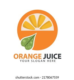 Fresh natural orange juice icon illustration with half peeled orange and leaves