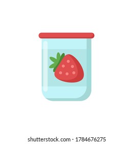 Fresh and natural strawberry yogurt package in food container isolated on white background. Dairy food vector flat illustration. Design for your brand, logo, template, label, emblem for groceries