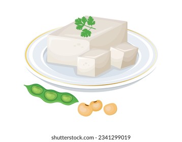 Fresh natural tofu cubes on a plate vector illustration. Tofu and soybeans icon vector isolated on a white background