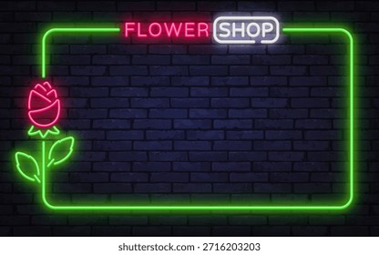 Marco de Vector de neón fresco con letrero de floristería y gráfico de rosa floreciente. Ideal para la marca de la floristería, promociones románticas e imágenes de la tienda de regalos.