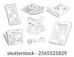 Fresh newspaper hand drawn doodle, latest news, contour drawing, latest publishing. Sketchy news paper stack, local or world news.