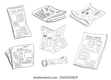 Fresh newspaper hand drawn doodle, latest news, contour drawing, latest publishing. Sketchy news paper stack, local or world news.