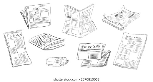 Fresh newspaper hand drawn doodle, latest news, contour drawing, latest publishing. Sketchy news paper stack, local or world news.