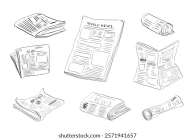 Fresh newspaper hand drawn doodle, latest news, contour drawing, latest publishing. Sketchy news paper stack, local or world news.