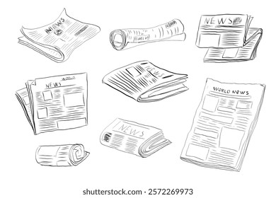 Fresh newspaper hand drawn doodle, latest news, contour drawing, latest publishing. Sketchy news paper stack, local or world news.