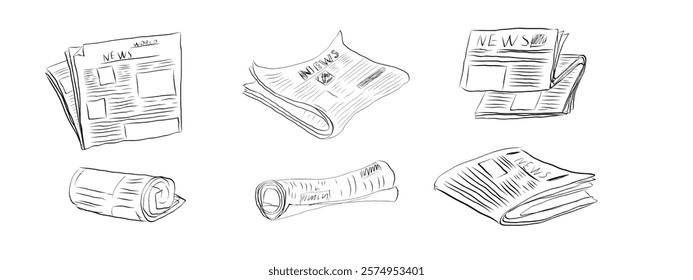 Fresh newspaper hand drawn doodle, latest news, contour drawing, latest publishing. Sketchy news paper stack, local or world news.