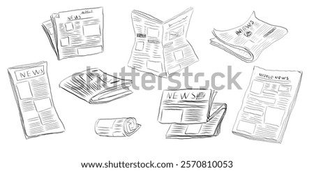 Fresh newspaper hand drawn doodle, latest news, contour drawing, latest publishing. Sketchy news paper stack, local or world news.