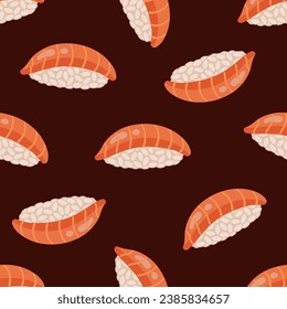 Fresh nigiri seamless vector pattern. Tasty Japanese sushi with rice and raw salmon. Traditional Asian fish rolls, seafood appetizer. Hand drawn illustration. Flat cartoon background for print, web