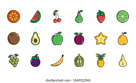 fresh nutrition harvest fruits icons set vector illustration