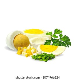 Fresh and nutritious chicken eggs with herbs. Tasty breakfast. Elements for label design. Vector illustration. Chicken eggs ingredients in triangulation technique. Eggs low poly.