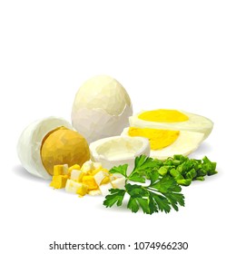 Fresh and nutritious chicken eggs with herbs. Tasty breakfast. Elements for label design. Vector illustration. Chicken eggs ingredients in triangulation technique. Eggs low poly.