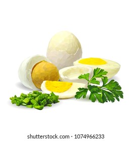 Fresh and nutritious chicken eggs with herbs. Tasty breakfast. Elements for label design. Vector illustration. Chicken eggs ingredients in triangulation technique. Eggs low poly.