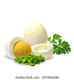 Fresh and nutritious chicken eggs with herbs. Tasty breakfast. Elements for label design. Vector illustration. Chicken eggs ingredients in triangulation technique. Eggs low poly.
