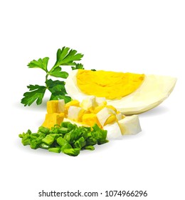 Fresh and nutritious chicken eggs with herbs. Tasty breakfast. Elements for label design. Vector illustration. Chicken eggs ingredients in triangulation technique. Eggs low poly.
