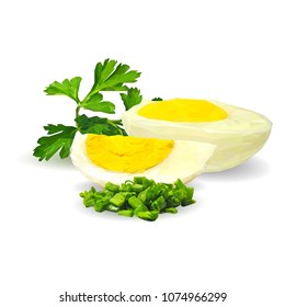 Fresh and nutritious chicken eggs with herbs. Tasty breakfast. Elements for label design. Vector illustration. Chicken eggs ingredients in triangulation technique. Eggs low poly.