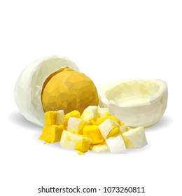 Fresh and nutritious chicken eggs. Tasty breakfast. Elements for label design. Vector illustration. Chicken eggs ingredients in triangulation technique. Eggs low poly.