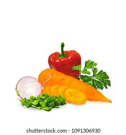 Fresh and nutritious dietary breakfast. Delicious and healthy lunch. Elements for label design. Vector illustration. Vegetables ingredients in triangulation technique. Vegetables low poly.
