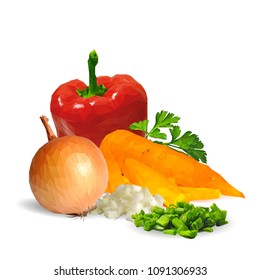 Fresh and nutritious dietary breakfast. Delicious and healthy lunch. Elements for label design. Vector illustration. Vegetables ingredients in triangulation technique. Vegetables low poly.