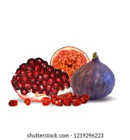 Fresh, nutritious garnet, tasty figs. Delicious and healthy dessert. Elements for label design. Vector illustration. Fruits ingredients in triangulation technique. Figs and garnet low poly. 