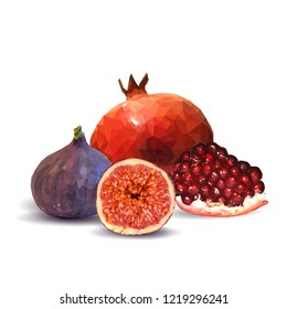 Fresh, nutritious garnet, tasty figs. Delicious and healthy dessert. Elements for label design. Vector illustration. Fruits ingredients in triangulation technique. Figs and garnet low poly. 
