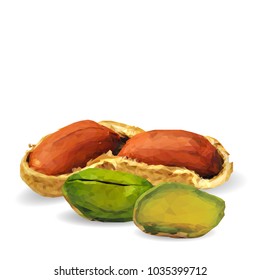Fresh, nutritious pistachios, tasty peanut. Nuts ingredients in triangulation technique. Vector illustration. Nuts ingredients in triangulation technique. Peanut and pistachios  low poly