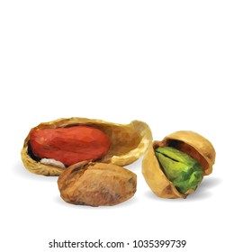 Fresh, nutritious pistachios, tasty peanut. Nuts ingredients in triangulation technique. Vector illustration. Nuts ingredients in triangulation technique. Peanut and pistachios  low poly