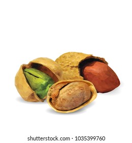 Fresh, nutritious pistachios, tasty peanut. Nuts ingredients in triangulation technique. Vector illustration. Nuts ingredients in triangulation technique. Peanut and pistachios  low poly