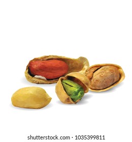 Fresh, nutritious pistachios, tasty peanut. Nuts ingredients in triangulation technique. Vector illustration. Nuts ingredients in triangulation technique. Peanut and pistachios  low poly