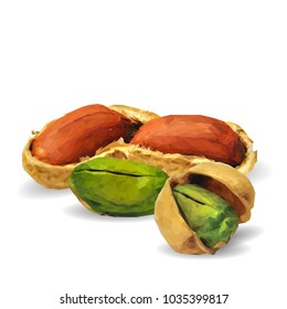 Fresh, nutritious pistachios, tasty peanut. Nuts ingredients in triangulation technique. Vector illustration. Nuts ingredients in triangulation technique. Peanut and pistachios  low poly