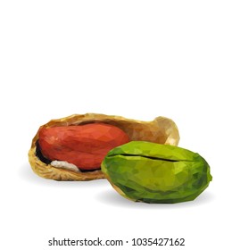 Fresh, nutritious pistachios, tasty peanut. Nuts ingredients in triangulation technique. Vector illustration. Nuts ingredients in triangulation technique. Peanut and pistachios  low poly