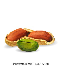 Fresh, nutritious pistachios, tasty peanut. Nuts ingredients in triangulation technique. Vector illustration. Nuts ingredients in triangulation technique. Peanut and pistachios  low poly