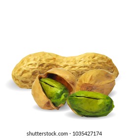 Fresh, nutritious pistachios, tasty peanut. Nuts ingredients in triangulation technique. Vector illustration. Nuts ingredients in triangulation technique. Peanut and pistachios  low poly