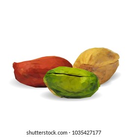 Fresh, nutritious pistachios, tasty peanut. Nuts ingredients in triangulation technique. Vector illustration. Nuts ingredients in triangulation technique. Peanut and pistachios  low poly