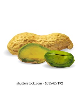 Fresh, nutritious pistachios, tasty peanut. Nuts ingredients in triangulation technique. Vector illustration. Nuts ingredients in triangulation technique. Peanut and pistachios  low poly