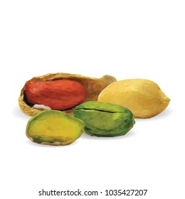 Fresh, nutritious pistachios, tasty peanut. Nuts ingredients in triangulation technique. Vector illustration. Nuts ingredients in triangulation technique. Peanut and pistachios  low poly