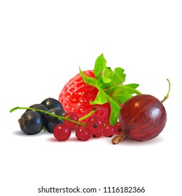 Fresh, nutritious and tasty berry mix. A mixture of berries. Symbols of berries. Elements for label design. Vector illustration. Berries ingredients in triangulation technique. Berry mix low poly.
