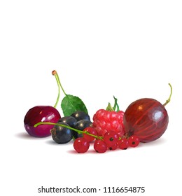 Fresh, nutritious and tasty berry mix. A mixture of berries. Symbols of berries. Elements for label design. Vector illustration. Berries ingredients in triangulation technique. Berry mix low poly.