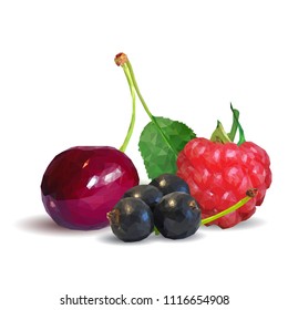 Fresh, nutritious and tasty berry mix. A mixture of berries. Symbols of berries. Elements for label design. Vector illustration. Berries ingredients in triangulation technique. Berry mix low poly.