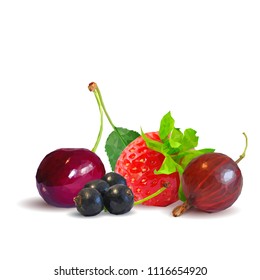 Fresh, nutritious and tasty berry mix. A mixture of berries. Symbols of berries. Elements for label design. Vector illustration. Berries ingredients in triangulation technique. Berry mix low poly.