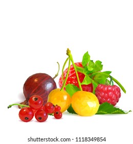 Fresh, nutritious and tasty berry mix. A mixture of berries. Symbols of berries. Elements for label design. Vector illustration. Berries ingredients in triangulation technique. Berry mix low poly.