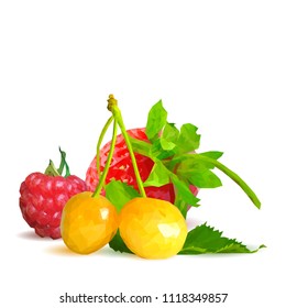 Fresh, nutritious and tasty berry mix. A mixture of berries. Symbols of berries. Elements for label design. Vector illustration. Berries ingredients in triangulation technique. Berry mix low poly.